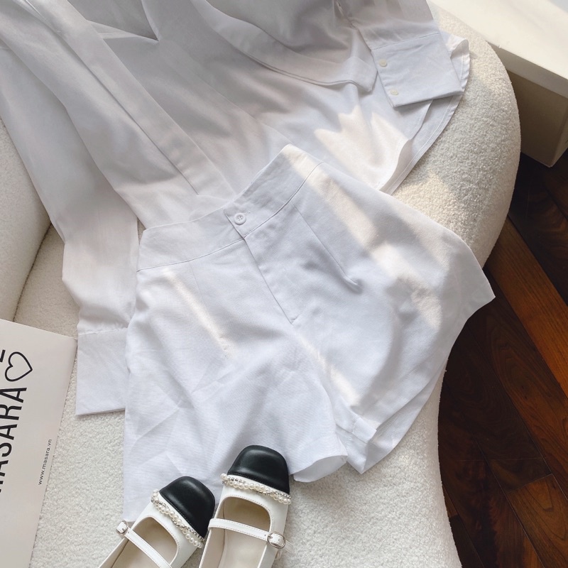 Set sơ mi tay dài thắt eo kèm quần shorts trắng đen