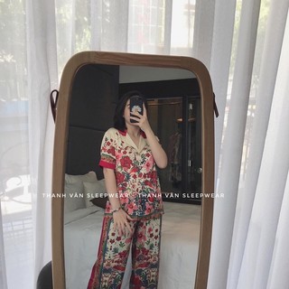 [LỤA XƯỚC] Đồ Bộ Pijama Hoa Đỏ Thiết Kế