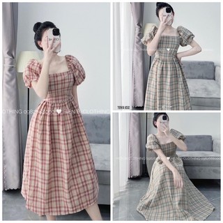 👒👒freeship👒váy kẻ cổ vuông tay chun siêu đẹp cực hott trend .kèm ảnh thật chụp sàn