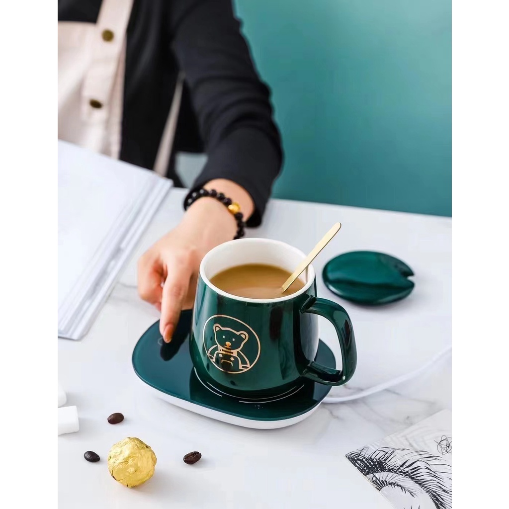 Bộ Cốc kèm Đế Hâm Nóng Cốc Đa Năng Cốc Hâm Nóng kèm đế điện và thìa mạ vàng Một món quà tuyệt vời