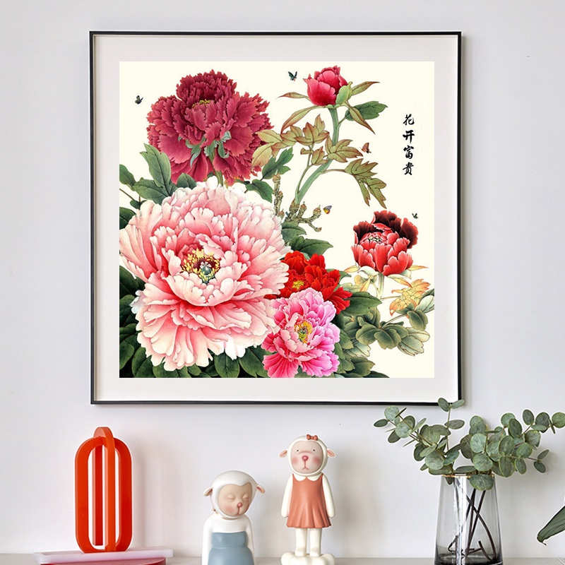 Tranh thêu kín hoa mẫu đơn kích thước 90x90cm - 9CT