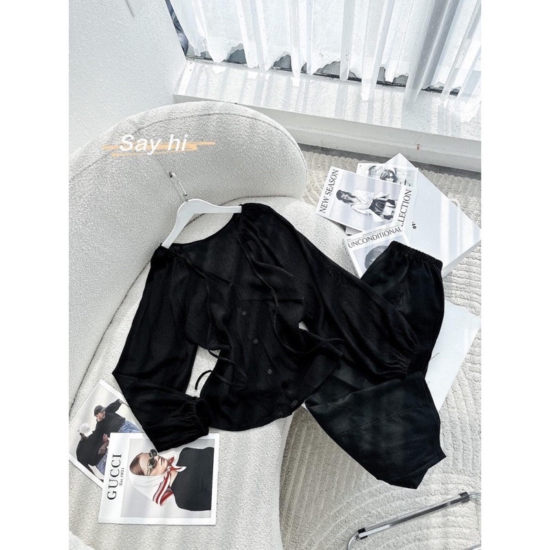 Set áo tay bồng dài tay cổ V kèm chân váy suông