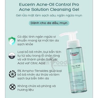 [NHẬP KHẨU CHÍNH HÃNG] Sữa rửa mặt cho da dầu mụn Eucerin Pro ACNE Solution Cleansing Gel 200ml