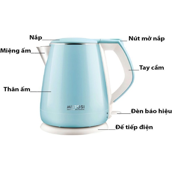 Ấm siêu tốc Mutosi đun nước siêu tốc 5 phút, cách nhiệt 2 lớp thép không gỉ, dung tích 1,7L - Hàng Chính Hãng