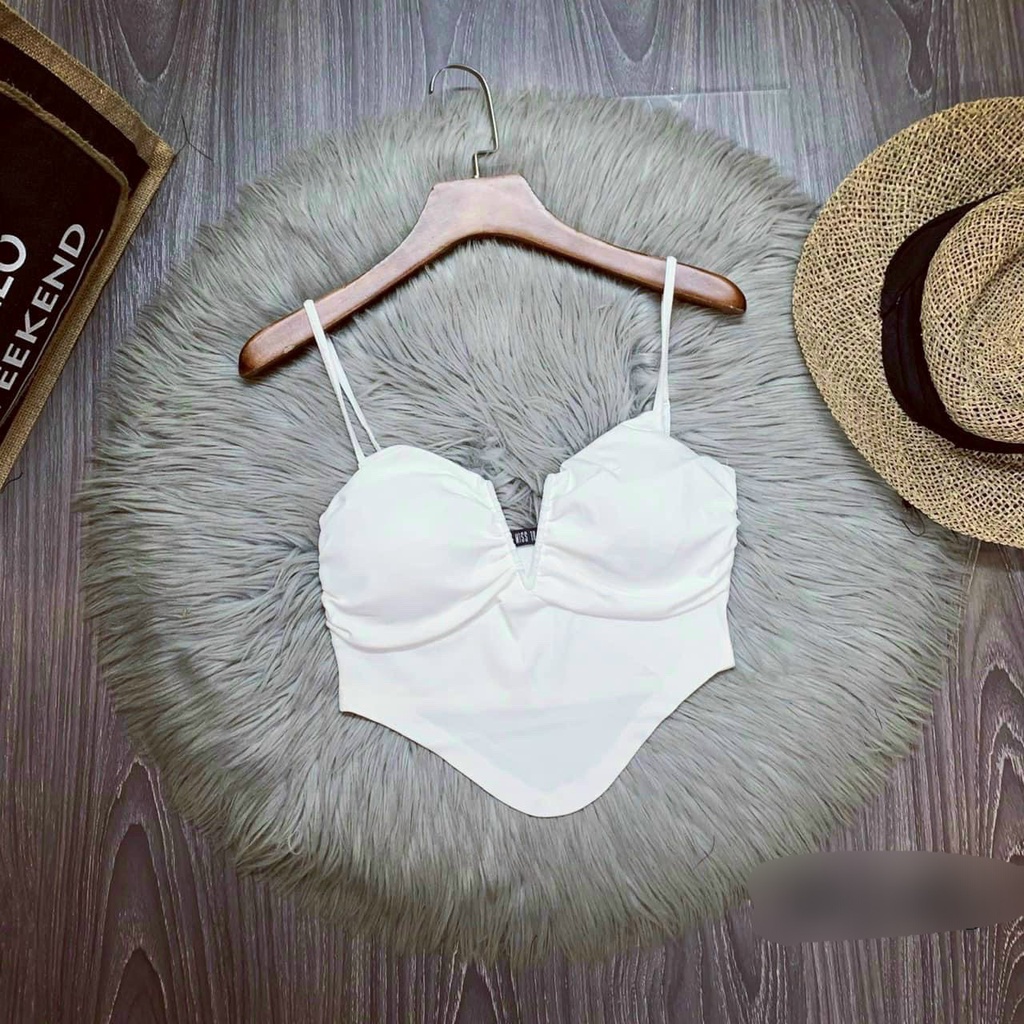 Áo hai dây croptop xẻ V hở ngực vạt bầu may nhún lưng vải kate TU