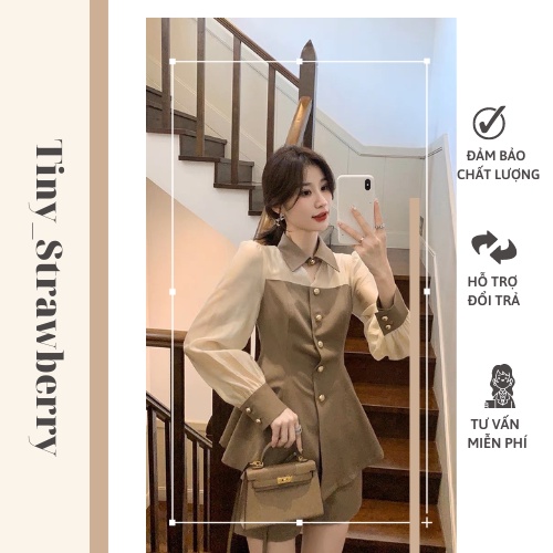 Set Cổ Đức Pha Tơ Khuy Đồng Kèm Quần Hai Màu Nâu Đen Có Ảnh Thật