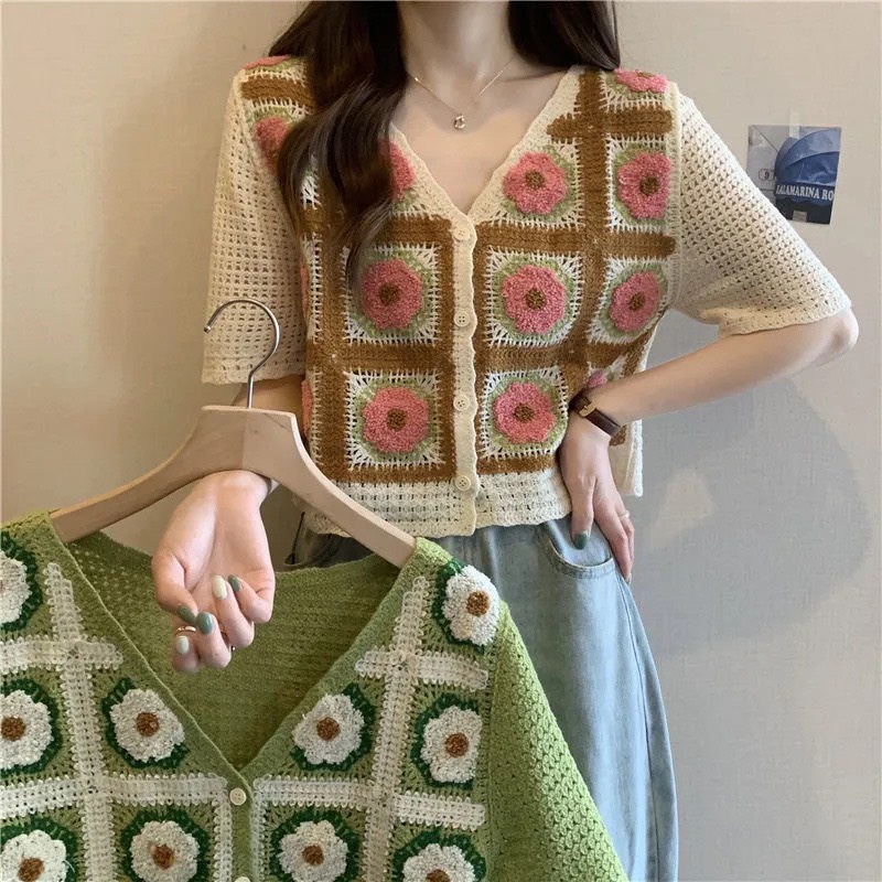 Áo PoLo Croptop, Áo Len Móc Họa Tiết Thổ Cẩm Hàng Quảng Châu Loại 1