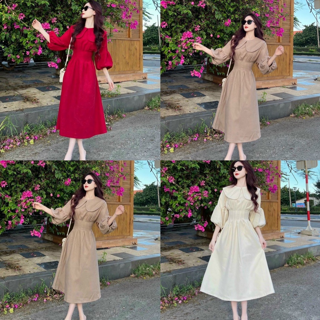 Đầm Váy Thời Trang Maxi Tay Lỡ Bèo Cổ Tròn Phối Bèo Điệu Đà