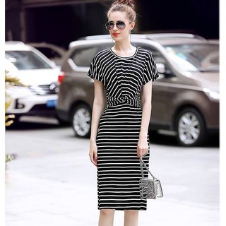 Đầm sọc tay con xoắn eo  VD742