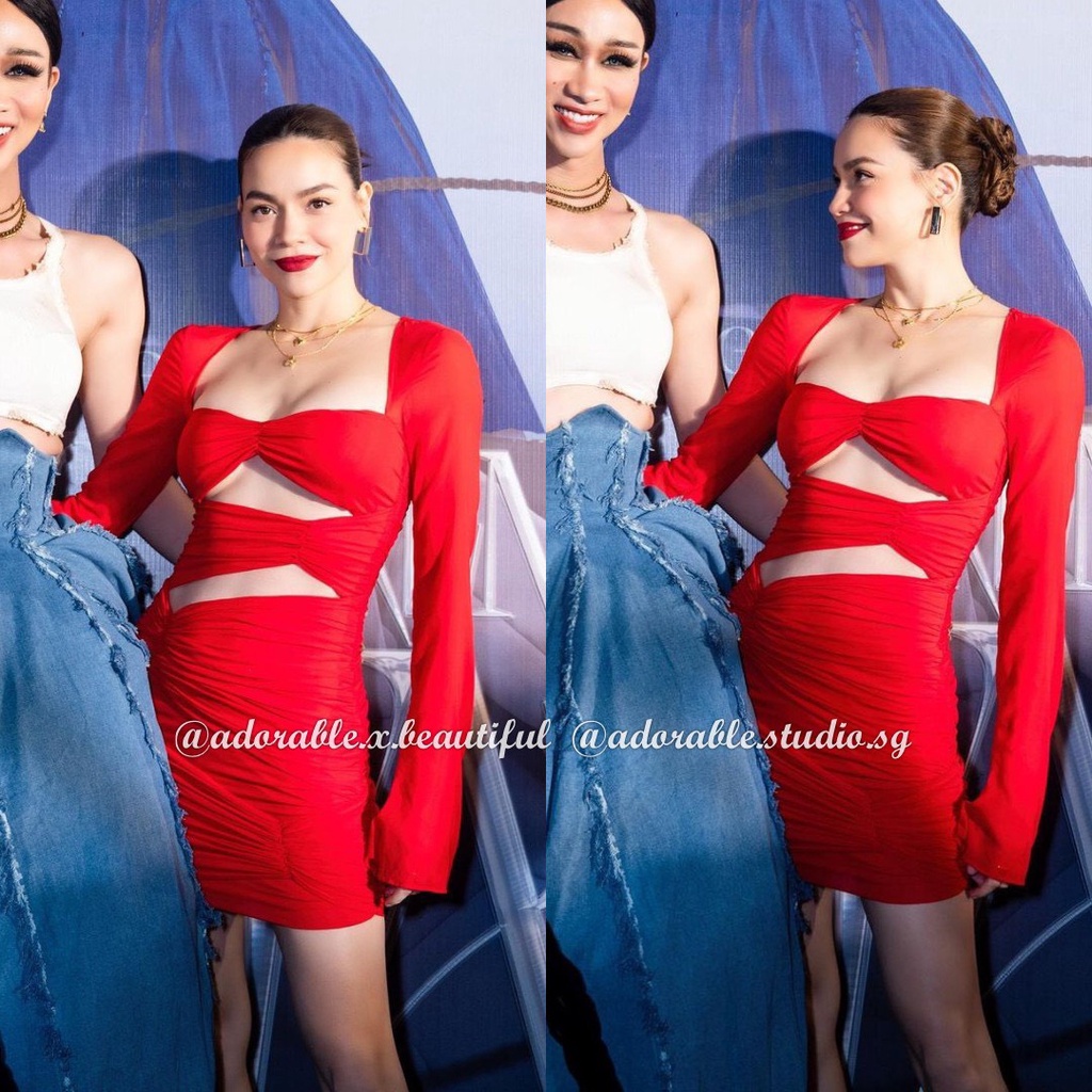 Đầm Body Thun Tay Dài 2 Lớp Cut Out, Váy Ôm Cổ Vuông Co Giãn Sexy Dự Tiệc Sang Trọng