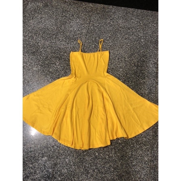đầm xoè 2 dây thun gân vàng rả eo phối