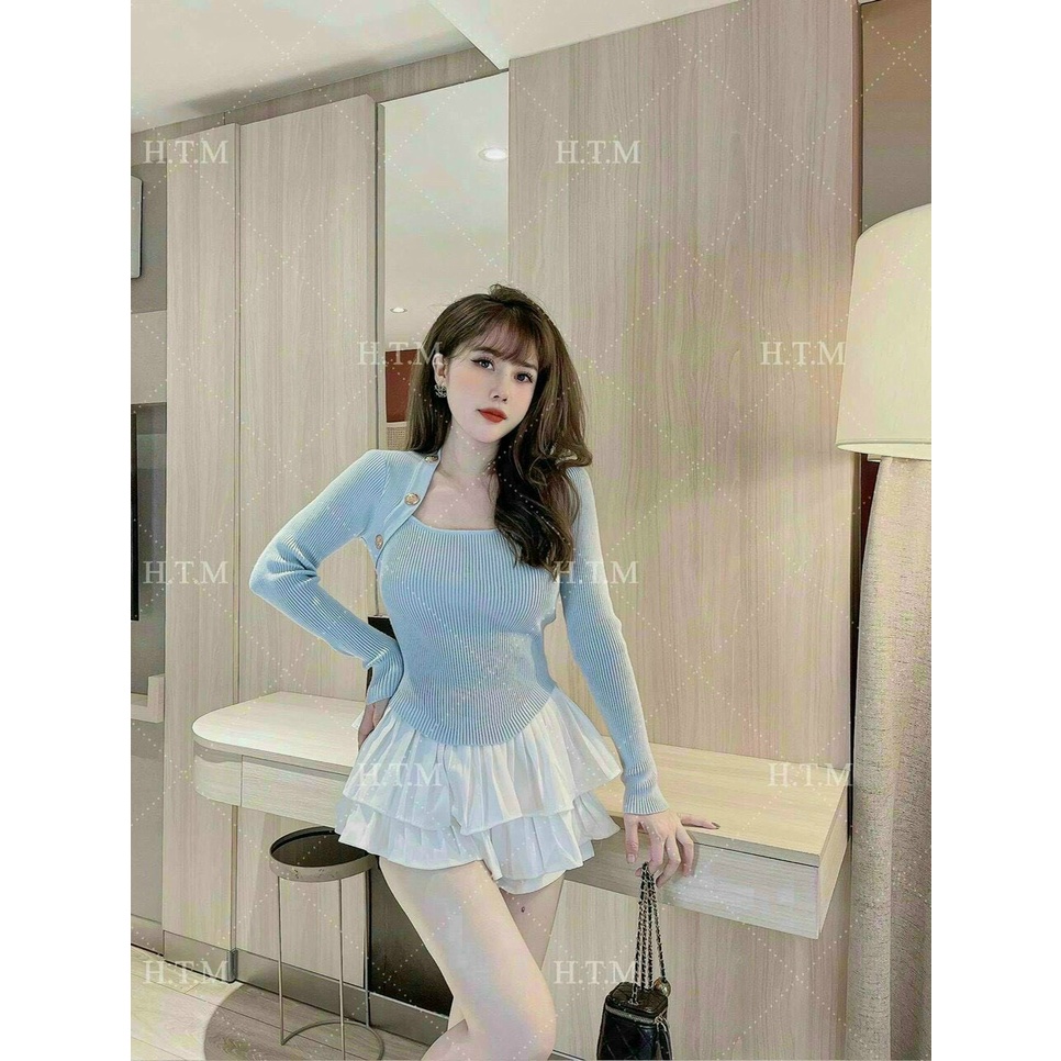 Áo thun gân dài tay nút hai bên cổ vuông LADYGU