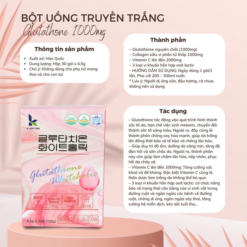 Bột uống trắng da Glutathione K Lady Care 30 gói