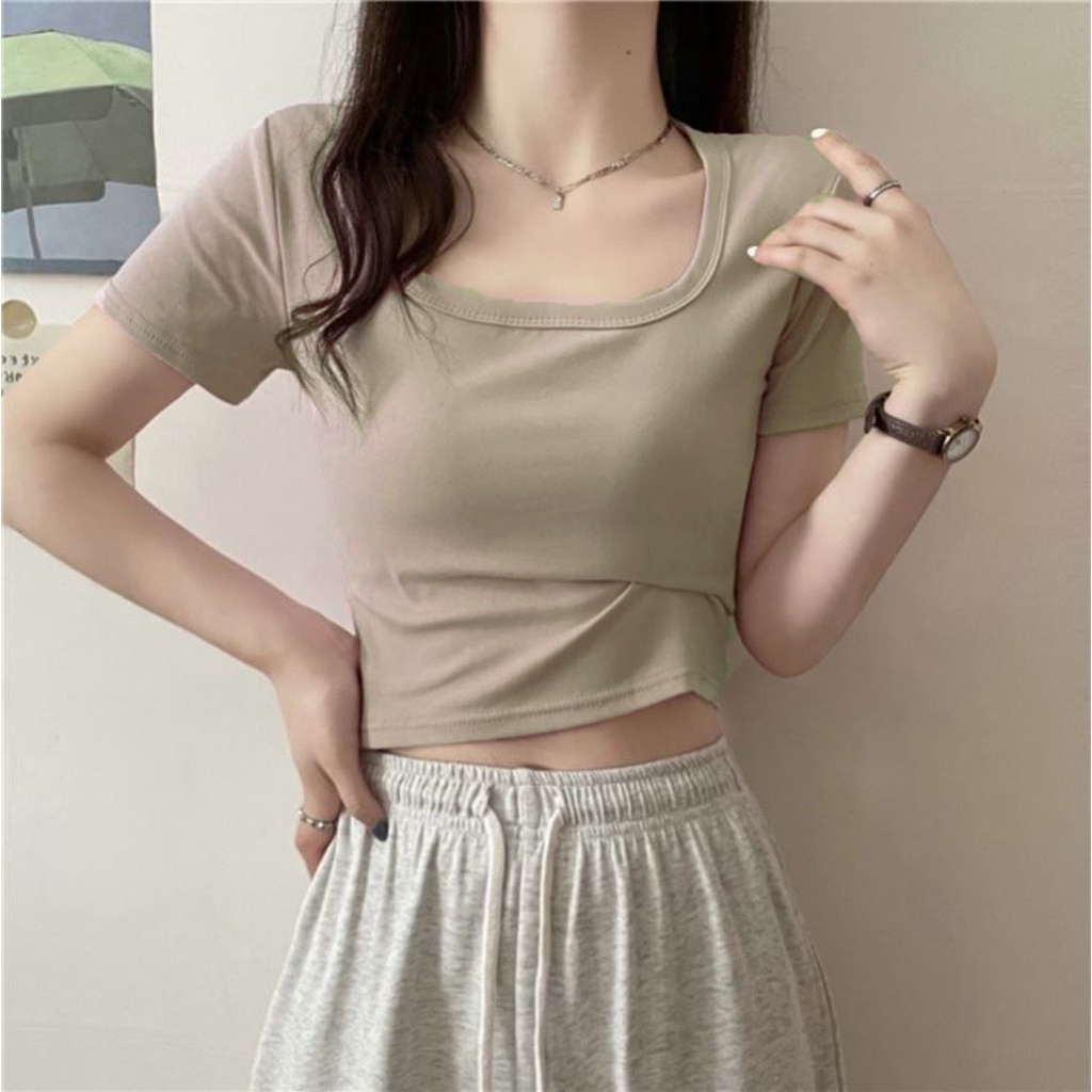 Áo Croptop Ngắn Tay Cổ Vuông Dáng Ôm Madela Thun Dày Dặn, Croptop Cổ Vuông Màu Trơn Phong Cách Trẻ Hàn Quốc