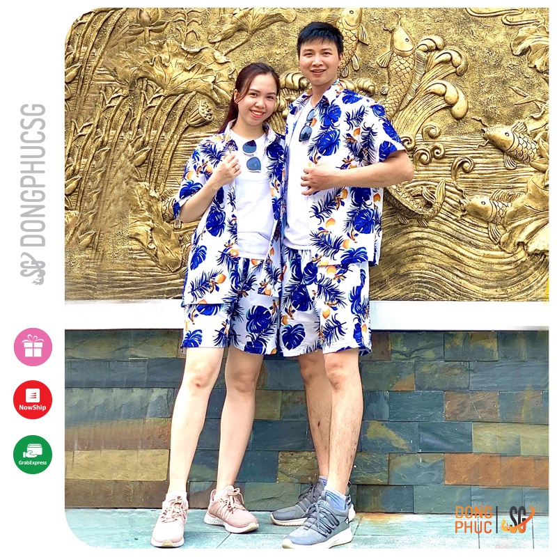 Đồ đi biển nam nữ cặp đôi set nguyên bộ áo quần gia đình họa tiết hoa lá chất vải Kate Thái dày dặn | DONGPHUCSG