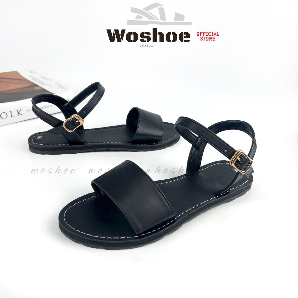 Giày sandal nữ quai ngang đế bệt WOSHOE Full đen sandal đi học, đi biển bigsize 34-42 WG018