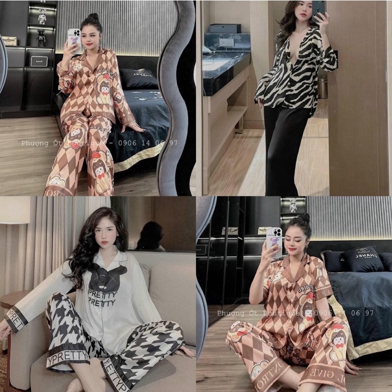 Bộ Pyjama Nữ Tay Dài Chất Lụa Xước Xước Đẹp Mắt Thoáng Mát Hàng Thiết Kế Siêu Xinh