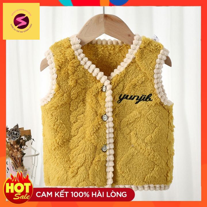 Áo khoác gile trẻ em, áo gi lê lông chữ thêu cao cấp hàng quảng châu không rụng lông bé trai bé gái