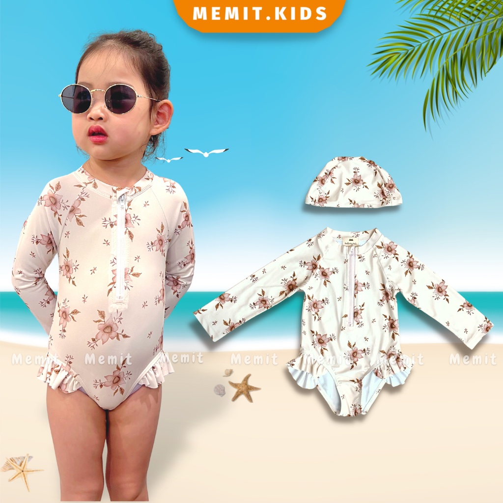 Đồ Bơi Một Mảnh Dài Tay Kèm Mũ, đồ bơi nhiều màu sắc lựa chọn dành cho bé gái