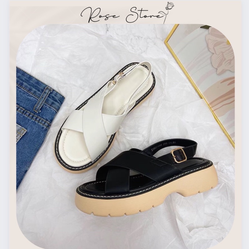 SANDAL QUAI CHÉO DA BÒ ĐẾ BÁNH MÌ ĐẾ 4CM XUẤT KHẨU