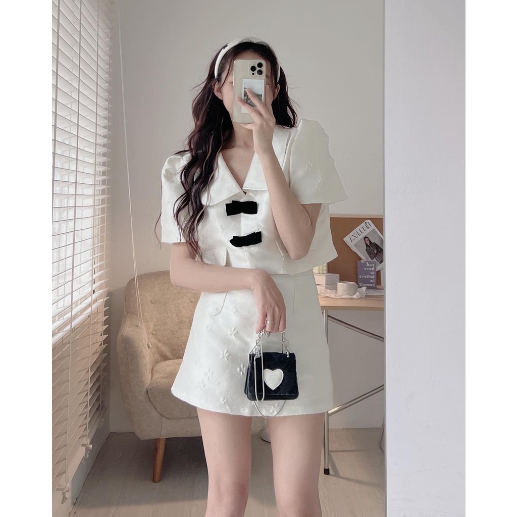 [SẴN/VIDEO] SET GẤM HOA NỔI NƠ NGỰC ĐEN CỘC TAY 2 LỚP HÀNG ĐẸP LOẠI 1