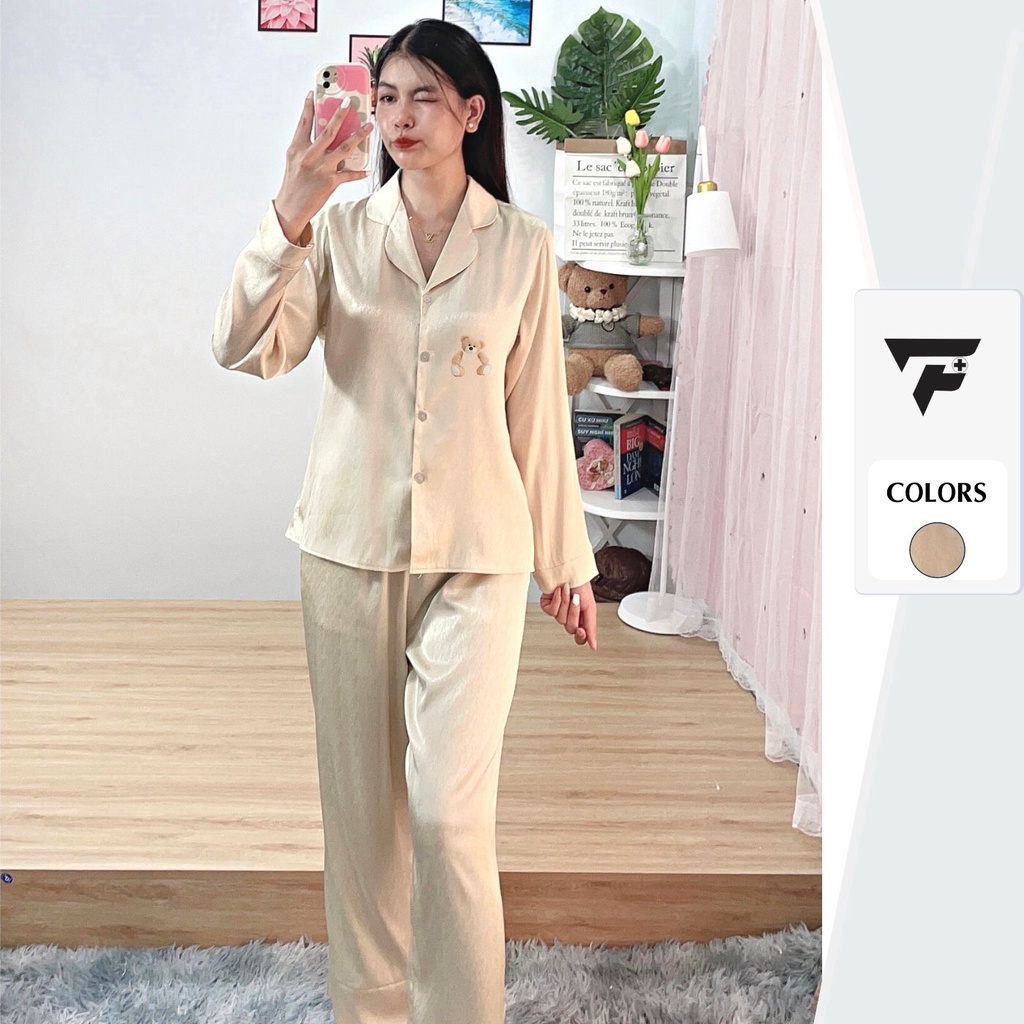 Bộ pijama Tơ Tằm Ánh Kim T4 in hình Gấu cute set đồ mặc nhà tay dài quần dài