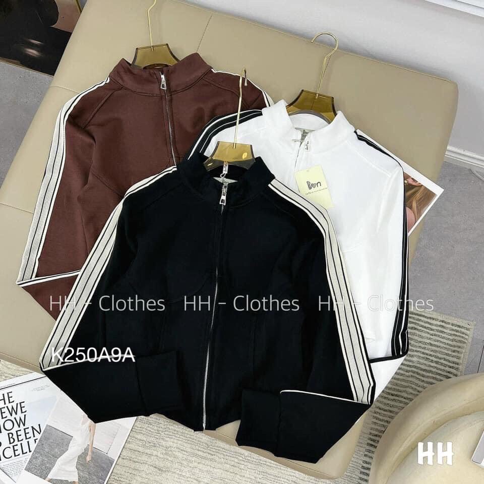 Áo Kiểu Dài Tay Ôm Body Dáng Lửng ,Áo Khoác Sọc Thể Thao Dây Kéo Cổ Trụ ,Cotton Cao Cấp