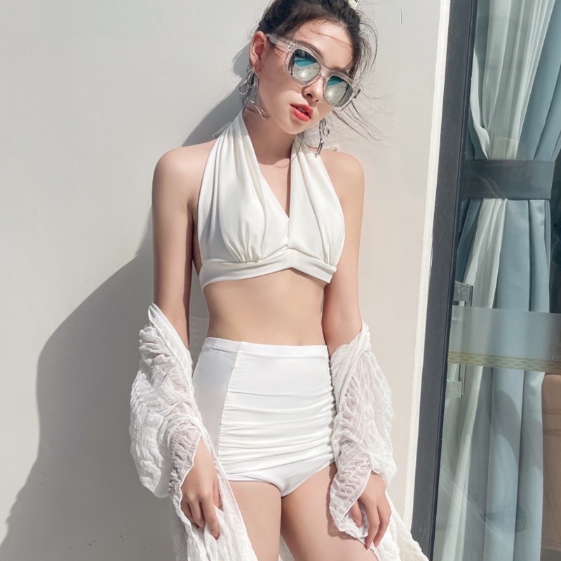 Set bikini 2 mảnh đồ bơi nữ kèm áo khoác voan mỏng cổ yếm | BigBuy360 - bigbuy360.vn