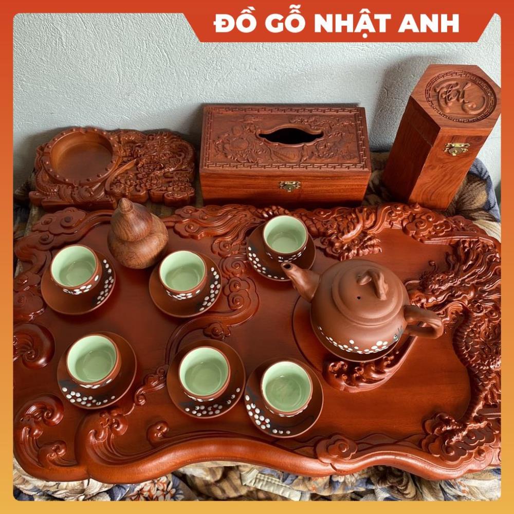 Combo 6 món đồ gỗ mỹ nghệ mini rồng nhả ngọc ấm chén khay trà gỗ hương đỏ, Đồ gỗ NHẬT ANH cao cấp hộp giấy lọ tăm