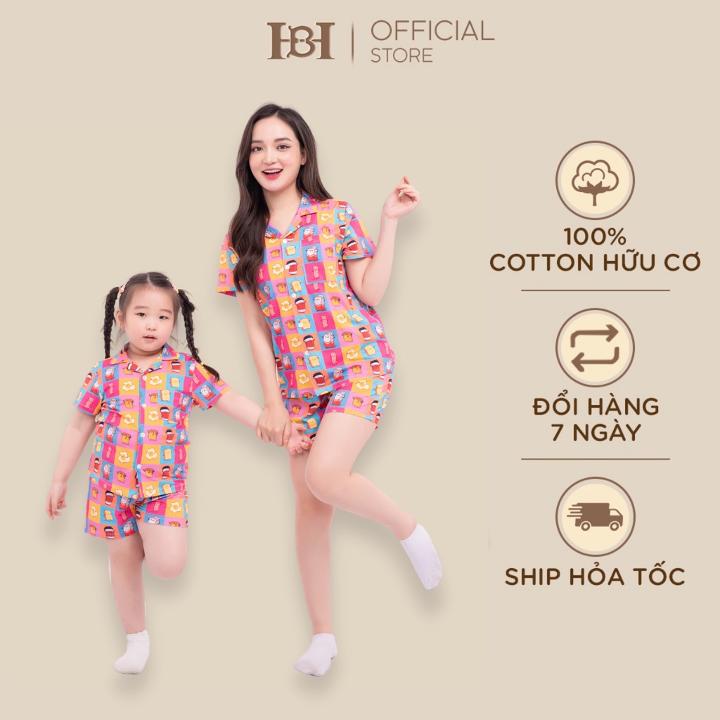 Bộ quần áo pyjama cộc tay Hapiibabii Cotton điều hòa nhập khẩu cho mẹ bé mặc nhà mùa hè họa tiết ốp la (1-10 Tuổi)