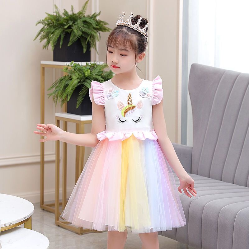 Váy đầm hoạ tiết và ren lưới cầu vồng cho bé gái. Mã hàng: NK0046