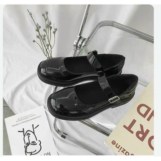 Giày búp bê nữ basic Mary Jane vintage đen da bóng