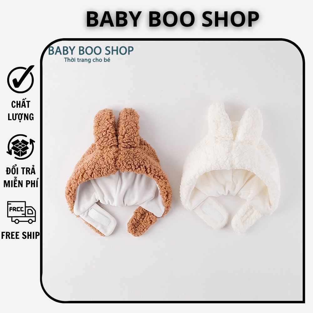 Mũ ủ ấm lông cừu tai thỏ, mũ lông trùm đầu mùa đông cho bé sơ sinh