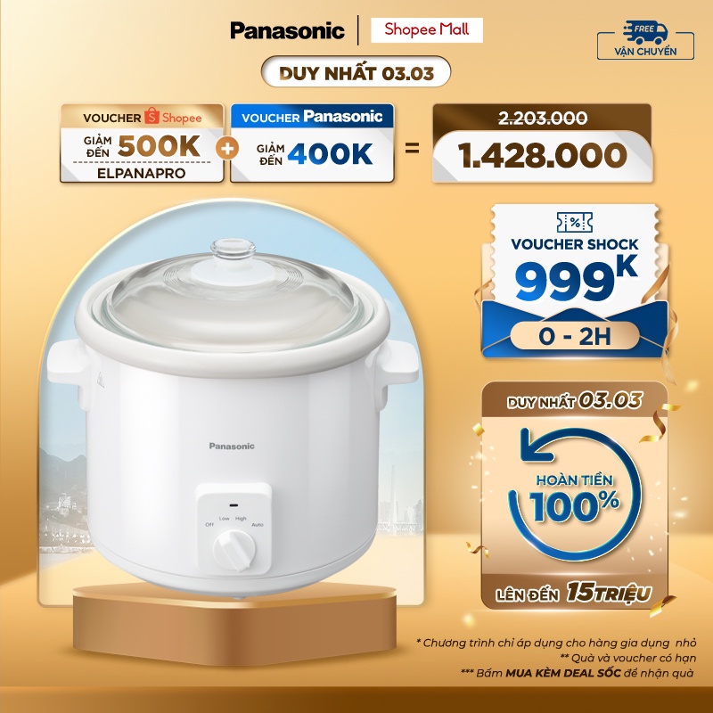 Nồi Nấu Chậm Ninh Hầm Đa Năng Panasonic NF-N51AWRA - Dung tích 5L - Lòng nồi gốm sứ cao cấp - Hàng chính hãng