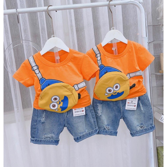 Bộ minion cam, trắng kèm túi cho bé