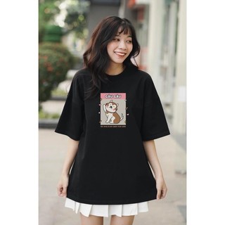 Áo Phông Nữ  TNC - Gâu Gâu - In Lụa Kts 100%Cotton - Áo Thun Đen Rộng Unisex Basic Hình Cún Đáng Yêu Dễ Phối