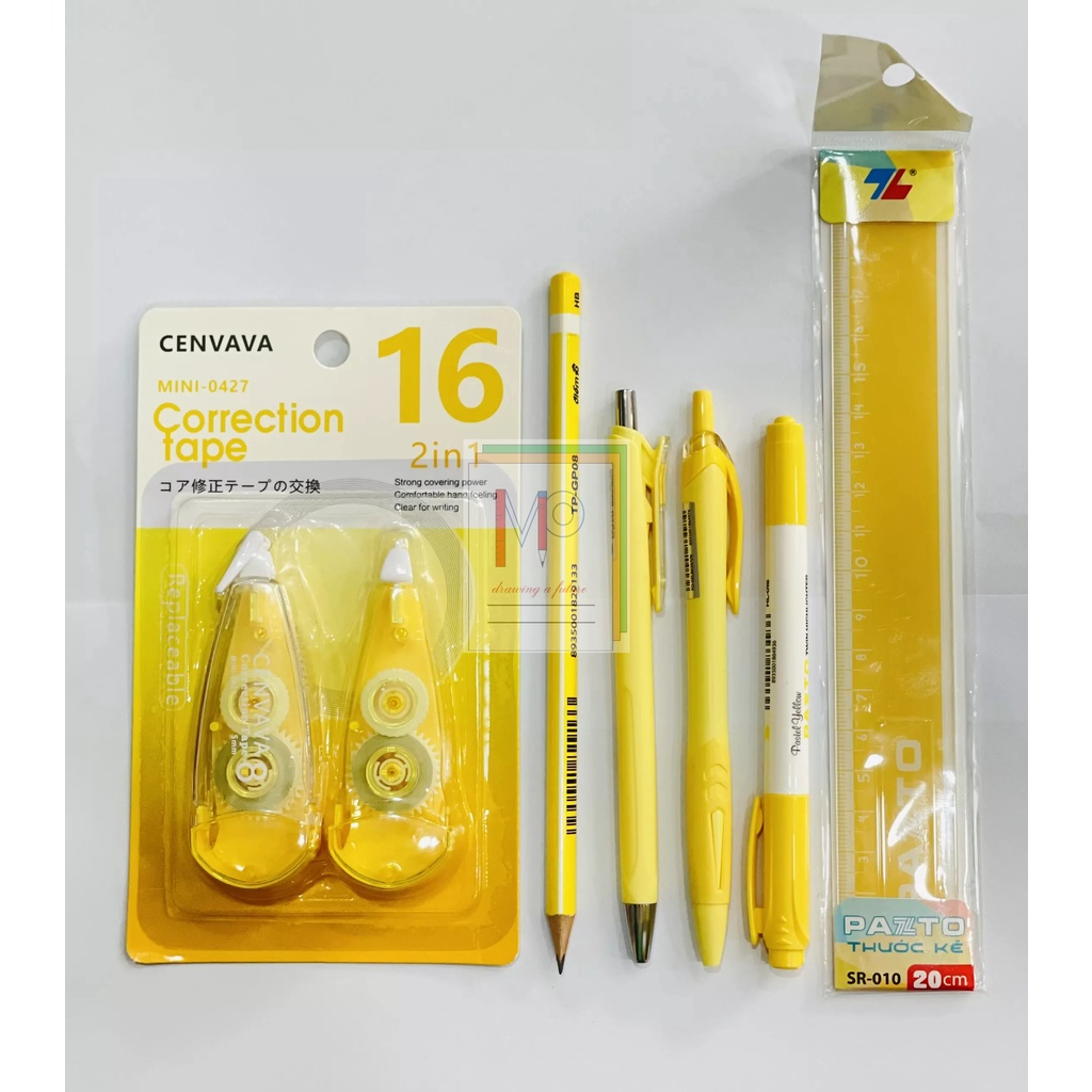 Bộ Dụng Cụ Học Tập 7 Món Màu Pastel (Gồm có Bút, Thước, Gôm, Chì, Dạ Quang, Băng xóa...)/ VPP Mỹ Phương