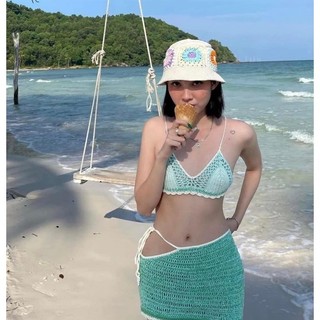 SET BIKINI MÓC LEN XANH ĐẬM NHẠT VÁY XẺ EO - DJ MIE MẶC HIMI097