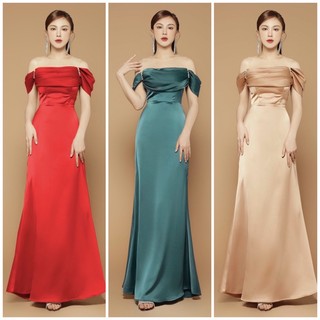 Đầm dạ hội xòe phi mango xếp ly rớt vai phối lưới vai cao cấp
