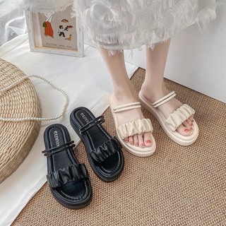 Giày sandal nữ quai nhún đế bánh mỳ 2 màu đen trắng cực xinh