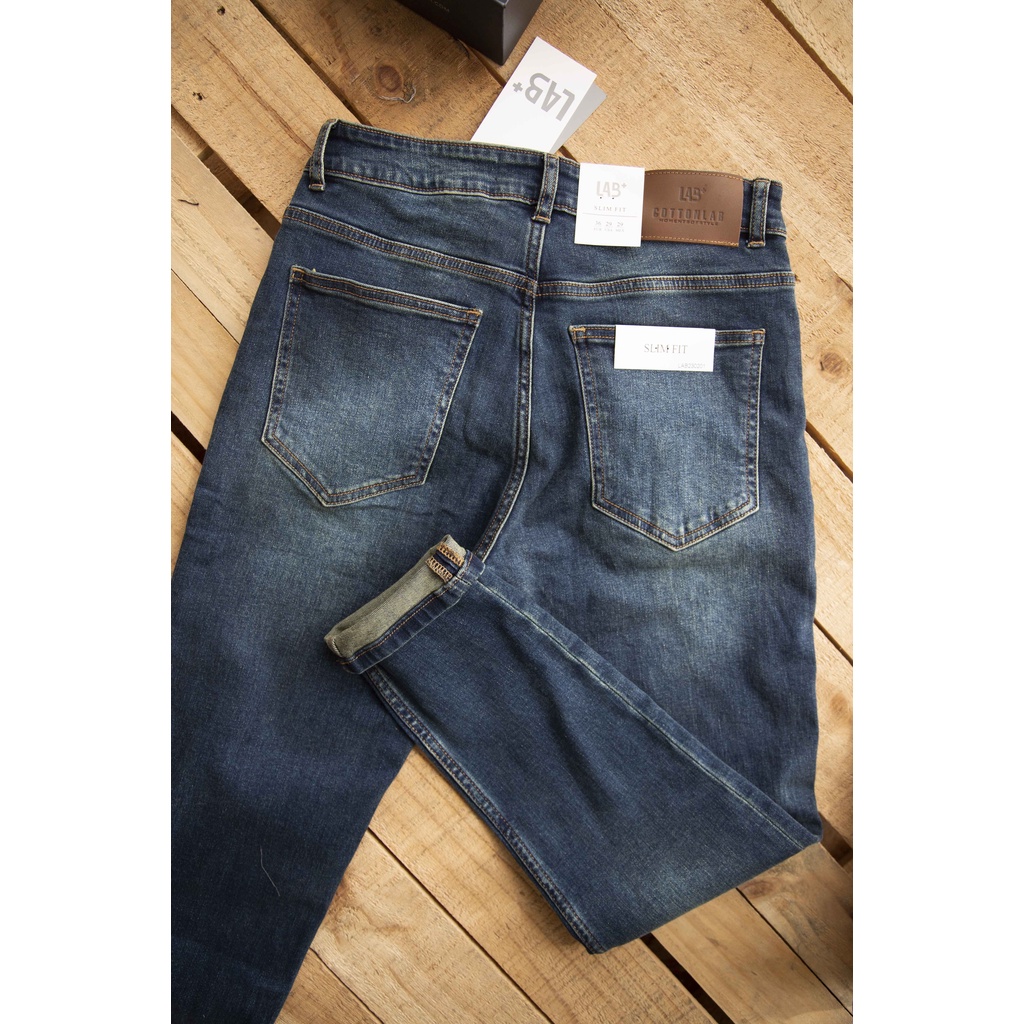 Quần jean nam LAB+ COTTONLAB màu xanh đậm, quần bò chất co dãn, from slimfit cao cấp LAB230201