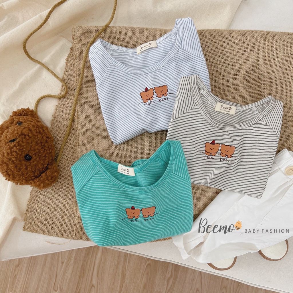 Áo phông Beemo cộc tay in gấu phối kẻ ngang, vải cotton thấm hút mồ hôi mặc hè cho bé từ 1 - 7 tuổi 22005A2