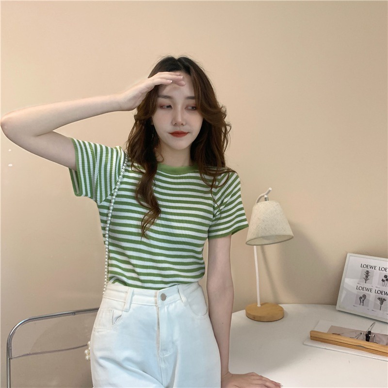 Áo thun dệt kim vải lụa lạnh dáng ôm họa tiết kẻ sọc thời trang cho nữ | BigBuy360 - bigbuy360.vn