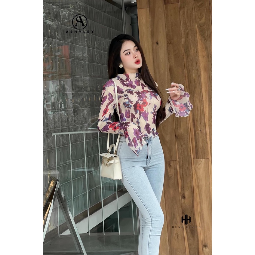 ÁO THUN GIẤY DẬP LI HOA TO NHÚN TÀY DÀI LOE