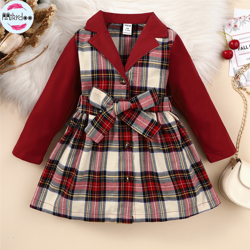 Đầm Chữ A Tay Dài Họa Tiết Caro Đỏ Đáng Yêu Dành Cho Bé Gái 0-3 Tuổi