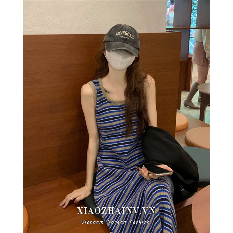 Xiaozhainv Đầm Midi Chữ A Lưng Cao Cổ Chữ U Họa Tiết Kẻ Sọc Thời Trang Hàn Quốc Cho Nữ