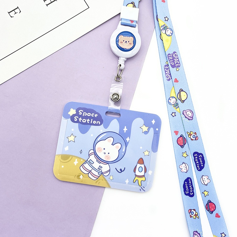 Bao đựng thẻ ngang họa hình thỏ kèm dây đeo cổ nút rút co dãn cute