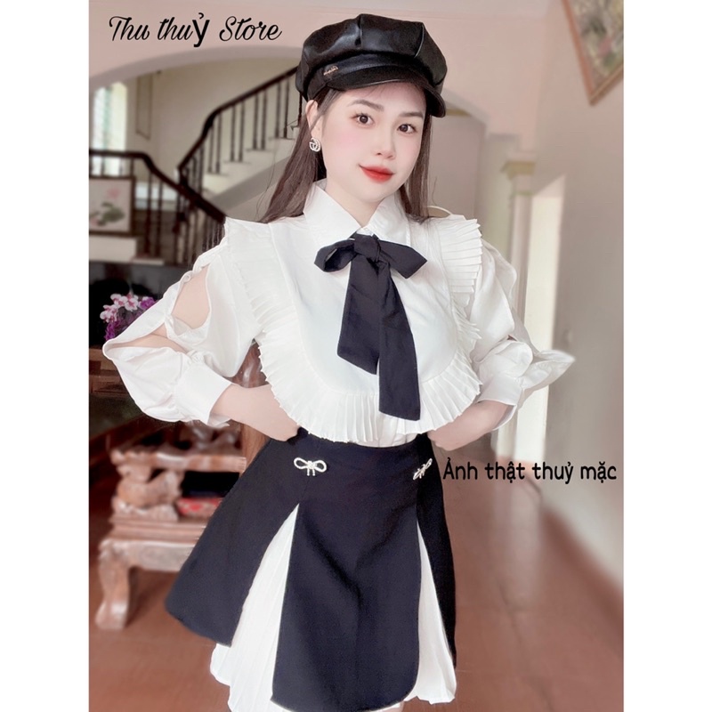 Mã Mới Hot Sét Áo Sơ Mi Nơ Bèo Kèm Chân Váy Trắng Xếp Ly Phối Tà Đen Sang Chảnh