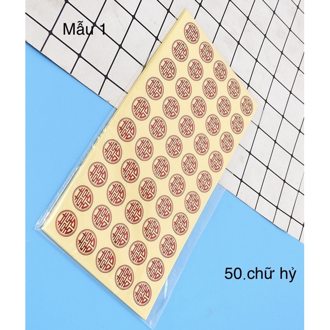 Decal hỷ vuông trang trí vật dụng ,trái cây ngày cưới có sẵn keo có thể dán ly , chén , đĩa ngày