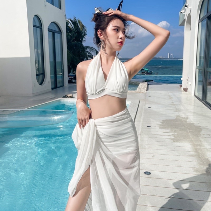 Set bikini 2 mảnh đồ bơi nữ kèm áo khoác voan mỏng cổ yếm | BigBuy360 - bigbuy360.vn